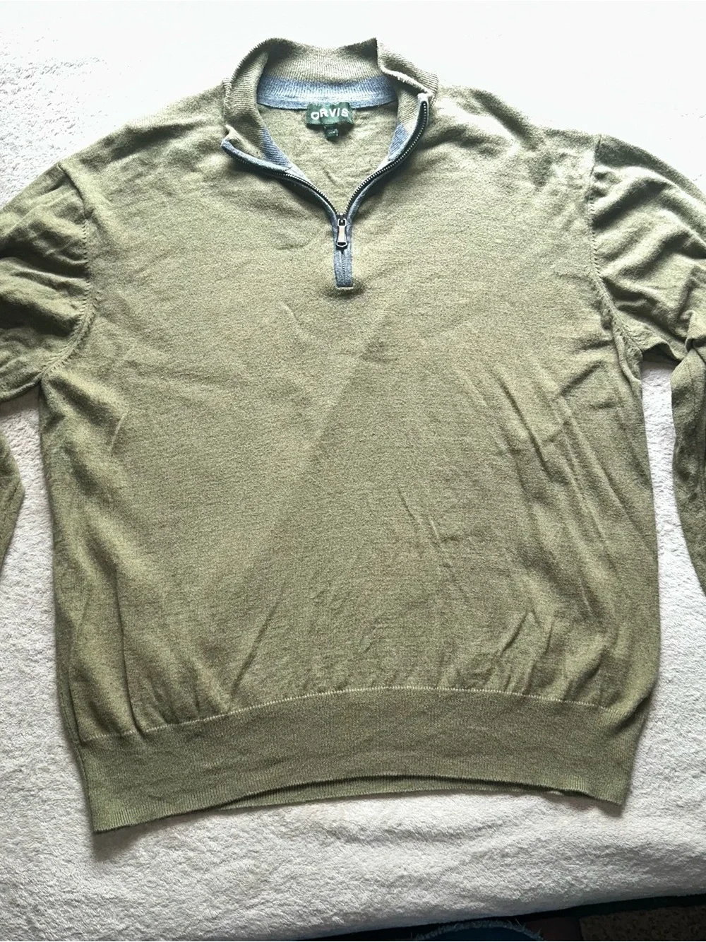 Orvis Sweater Mens XL Olive Green Cotton Silk Cashmere Quarter Zip Pullover